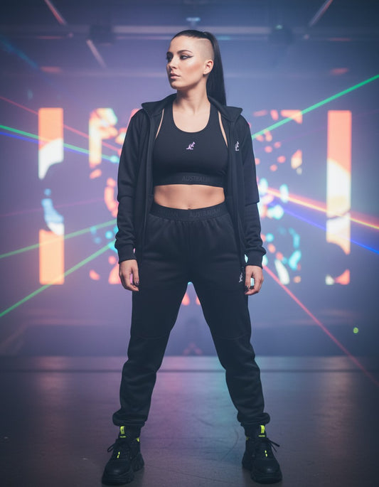 GABBERPLANET black elasticated sports top with kangaroo logo and branded waistband.