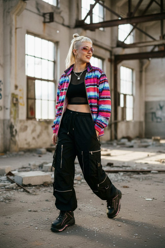 GABBERPLANET Special Edition SPUGC0002 KING COR-47 jacket with a vibrant, wavy stripe pattern in pink, purple, blue, and black. Features a zip closure and kangaroo logo.