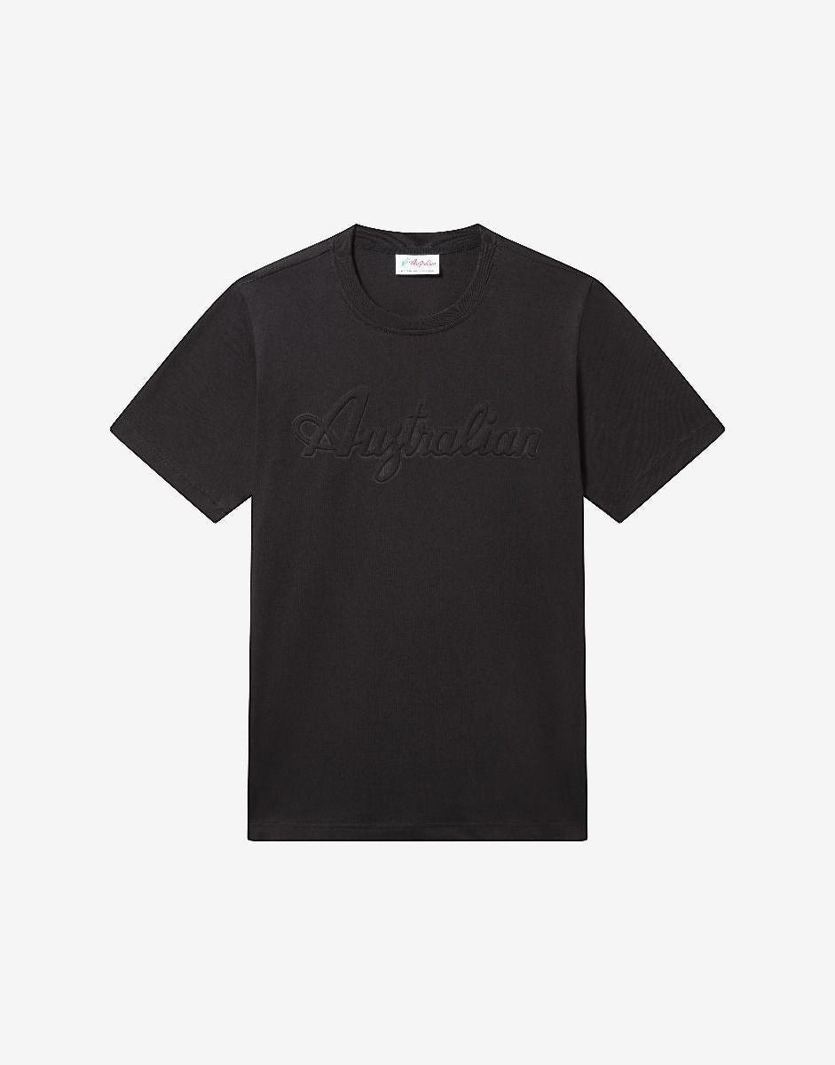 GABBERPLANET black cotton t-shirt with embossed 'Australian' logo on the chest.