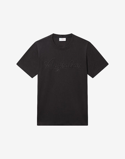 GABBERPLANET black cotton t-shirt with embossed 'Australian' logo on the chest.