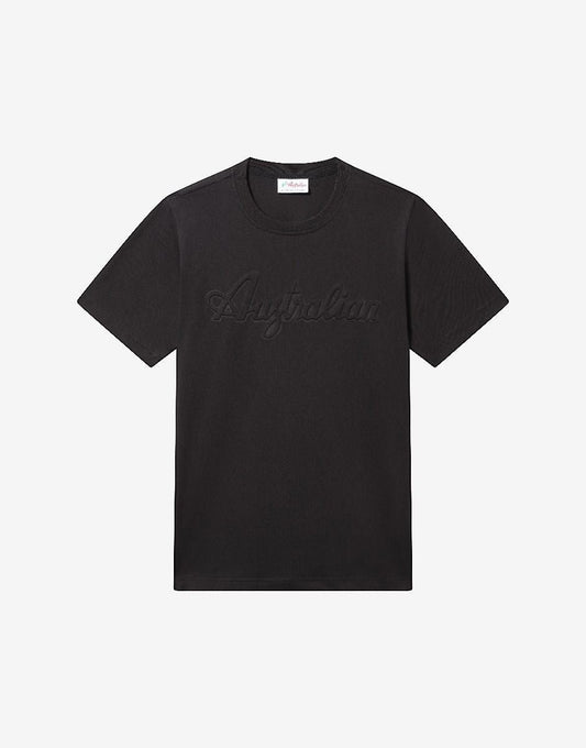 GABBERPLANET black cotton t-shirt with embossed 'Australian' logo on the chest.