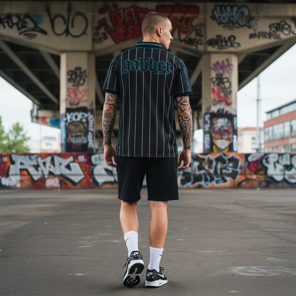 GABBERPLANET black and turquoise striped soccershirt with embroidered logo and 100% polyester material.