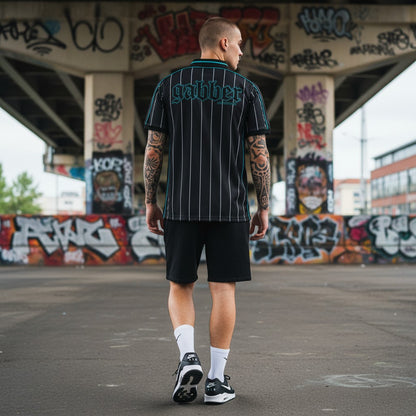 GABBERPLANET black and turquoise striped soccershirt with embroidered logo and 100% polyester material.