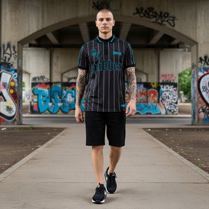 GABBERPLANET black polyester soccershirt with turquoise pinstripes, embroidered logos, and woven patch detail.