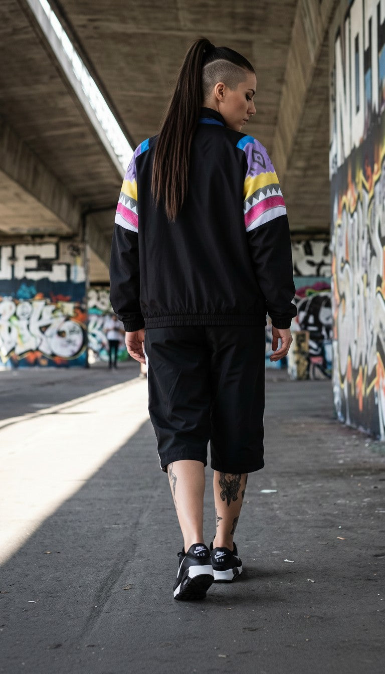 Giacca GABBERPLANET Australian Old Track Jacket nera con maniche stampate stile anni 90 e vestibilità comfort