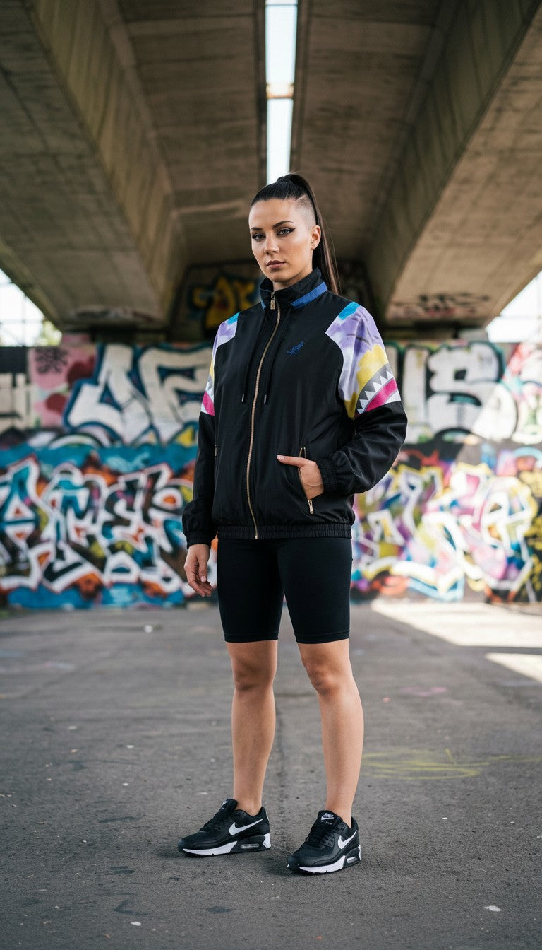 Modella indossa giacca GABBERPLANET Australian Old Track nera con inserti colorati anni 90 e zip frontale