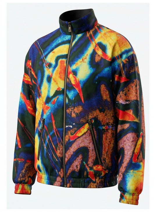 Giacca GABBERPLANET Australian Sabrina con stampa all-over colorata, zip frontale e logo ricamato in stile streetwear.