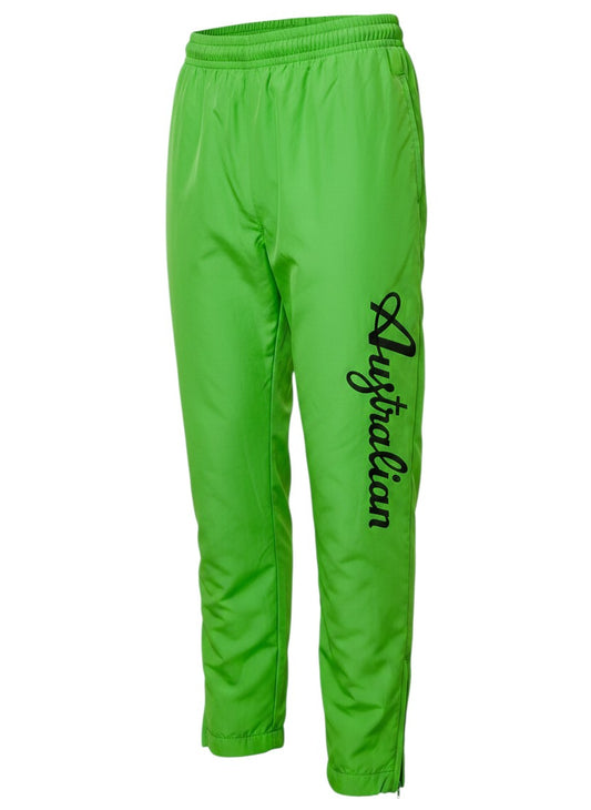 GABBERPLANET green polyester track pants with elastic waist, ankle cuffs, zip ankle opening, and large black "Australian" logo.