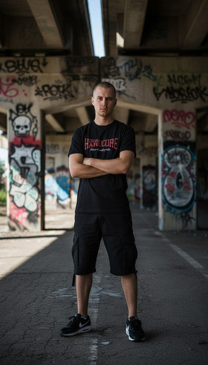 Modello indossa t-shirt nera 100% Hardcore in cotone con logo rosso in rilievo, stile streetwear GABBERPLANET.