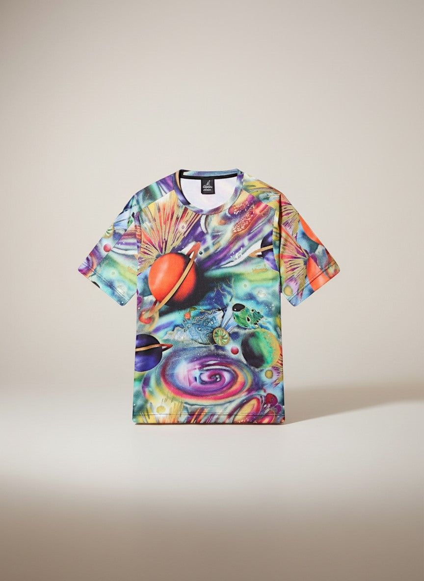 GABBERPLANET T-shirt con stampa spaziale all-over, maniche corte, girocollo, tessuto traspirante, logo ricamato.