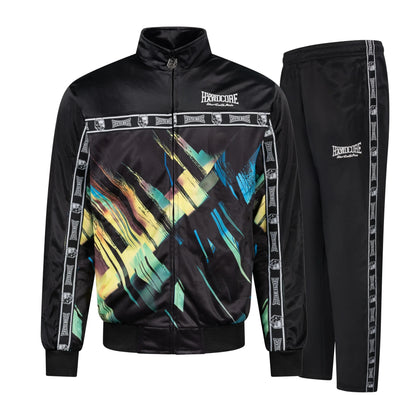 Tuta GABBERPLANET 100% Hardcore nera con stampa astratta dorata, giacca con zip e pantaloni coordinati