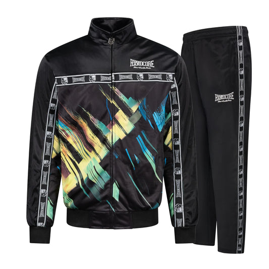 Tuta GABBERPLANET 100% Hardcore nera con stampa astratta dorata, giacca con zip e pantaloni coordinati