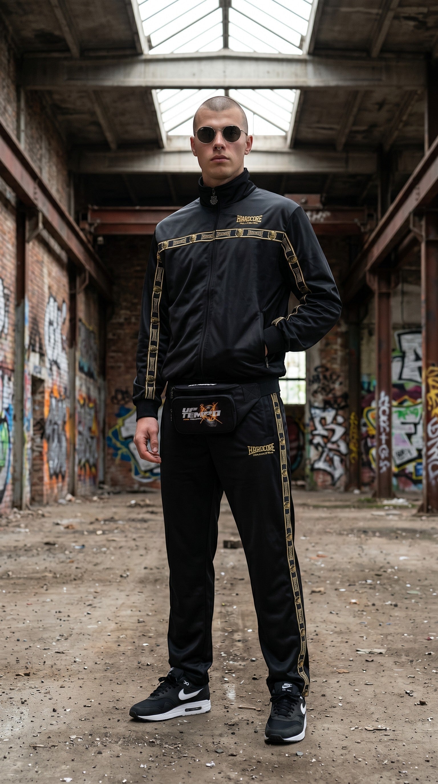 Modello indossa tuta GABBERPLANET nera con dettagli dorati in poliestere, stile hardcore in un magazzino industriale.