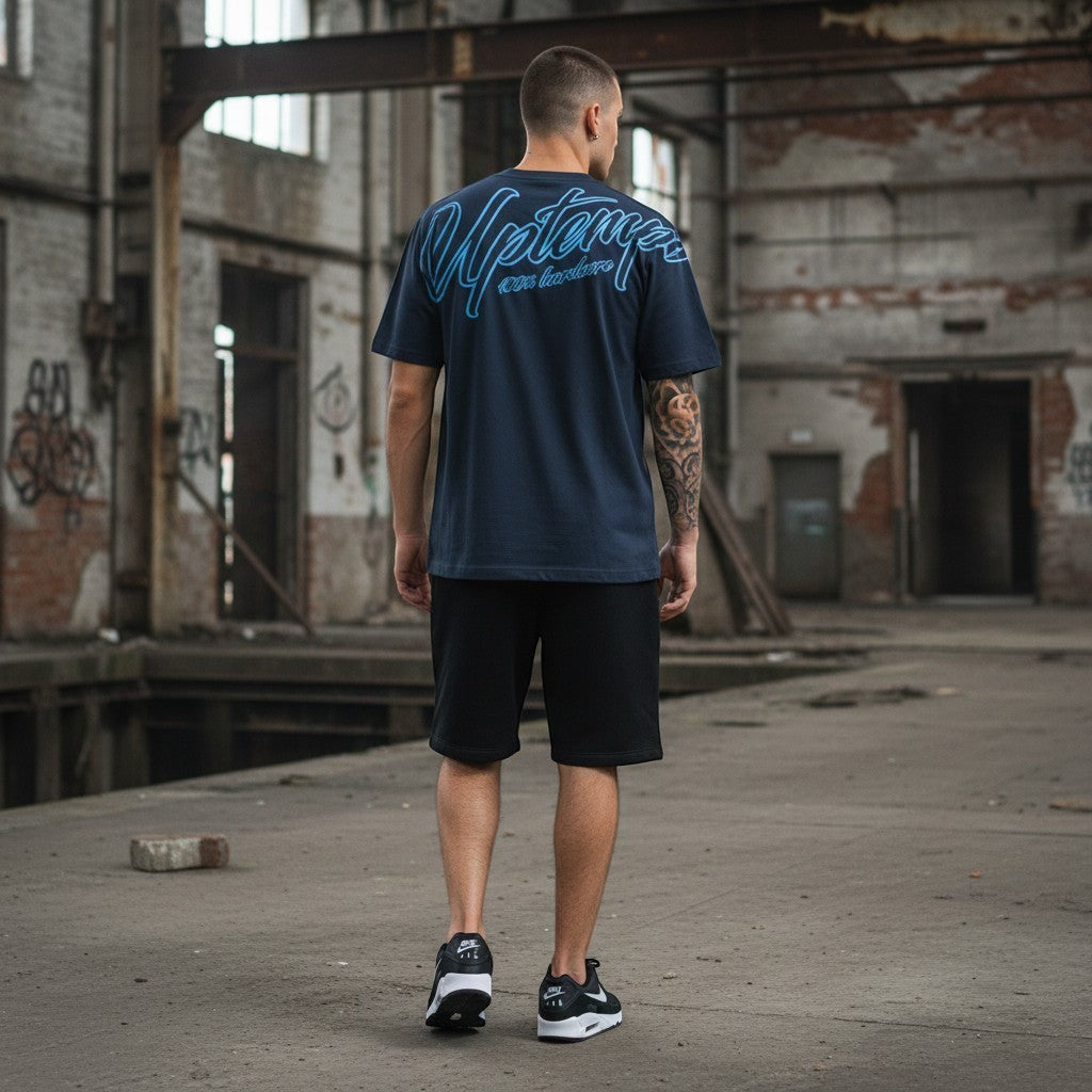 GABBERPLANET navy blue cotton t-shirt with loose fit and signature logo print on back and chest.