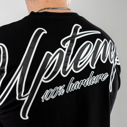 GABBERPLANET black cotton t-shirt with white 'Uptempo' logo print on back and chest. Loose fit.