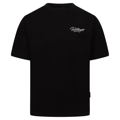 GABBERPLANET black cotton t-shirt with white Uptempo signature logo print on chest and back, loose fit.