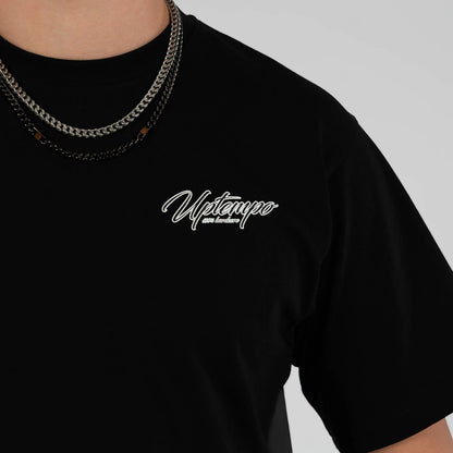 GABBERPLANET black cotton t-shirt with white Uptempo logo print on chest and back, loose fit.