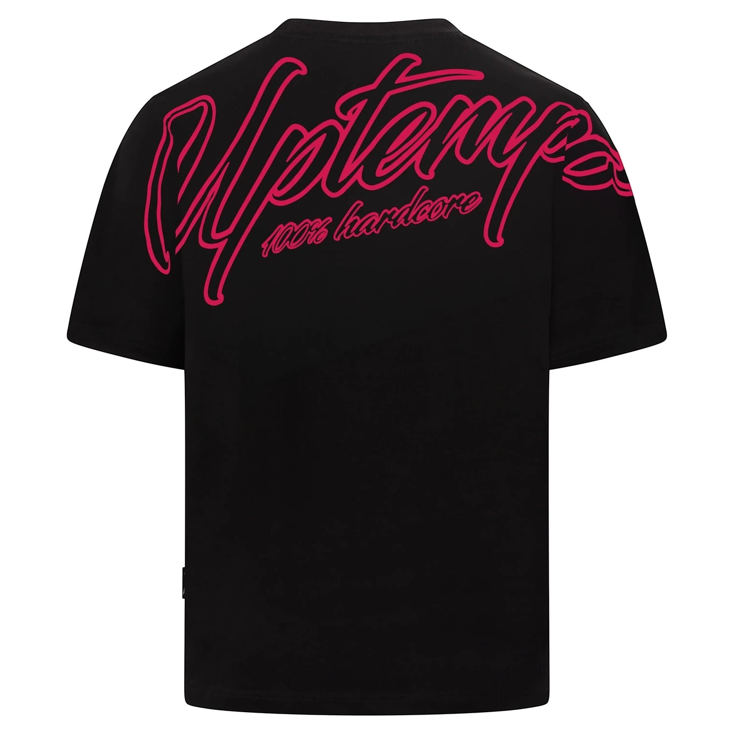 GABBERPLANET black cotton t-shirt with pink Uptempo logo print on back and chest. Loose fit.