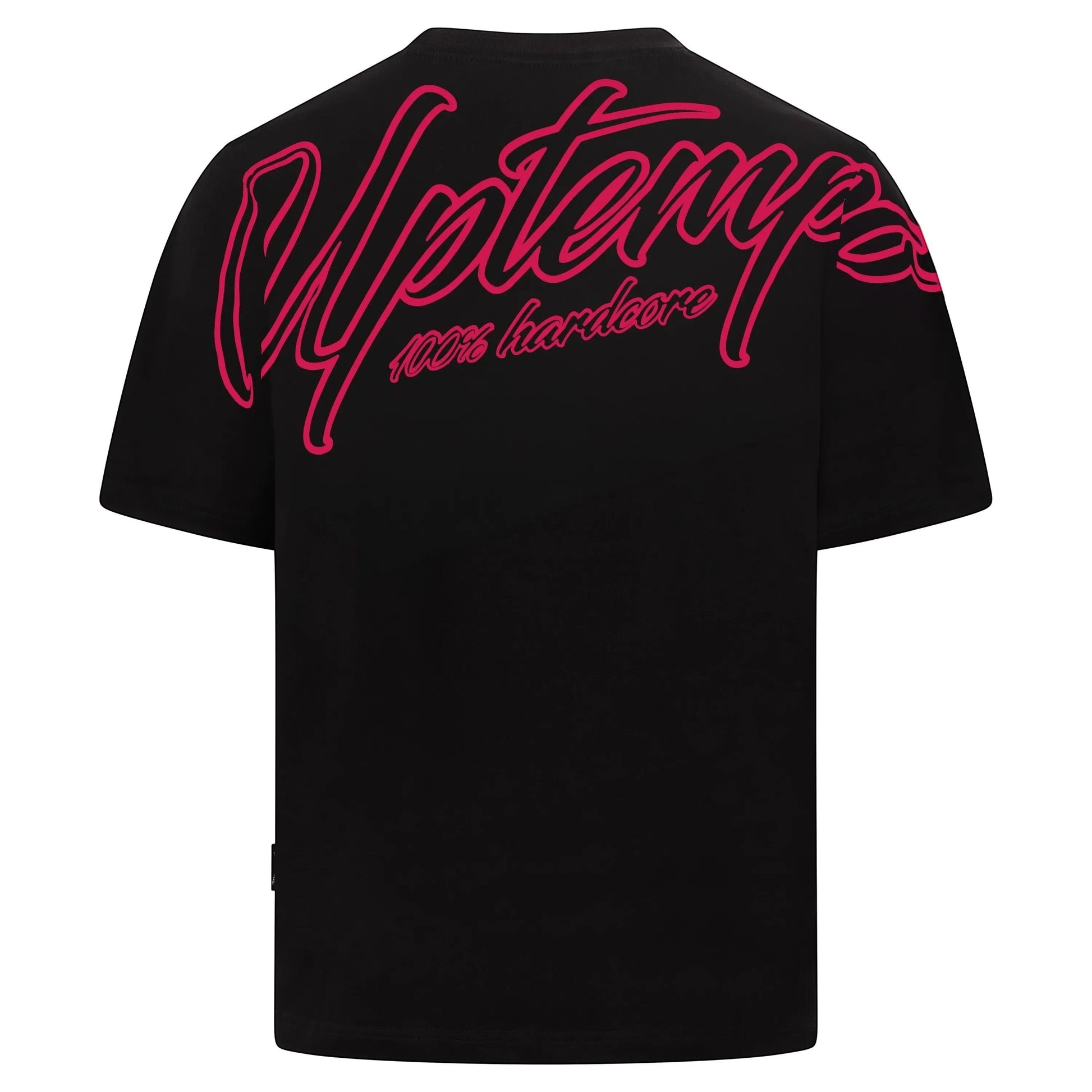 GABBERPLANET black cotton t-shirt with pink Uptempo logo print on back and chest. Loose fit.