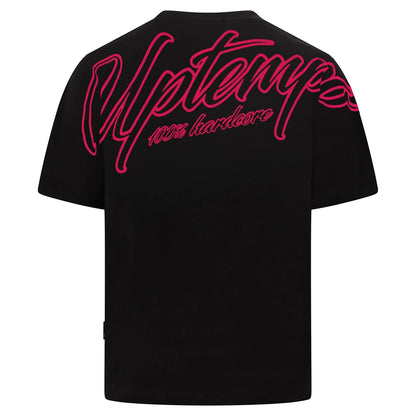 GABBERPLANET black cotton t-shirt with pink Uptempo logo print on back and chest. Loose fit.