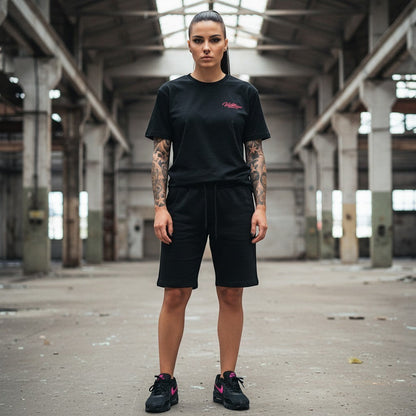 GABBERPLANET black cotton t-shirt with pink signature logo print on chest and back, loose fit.