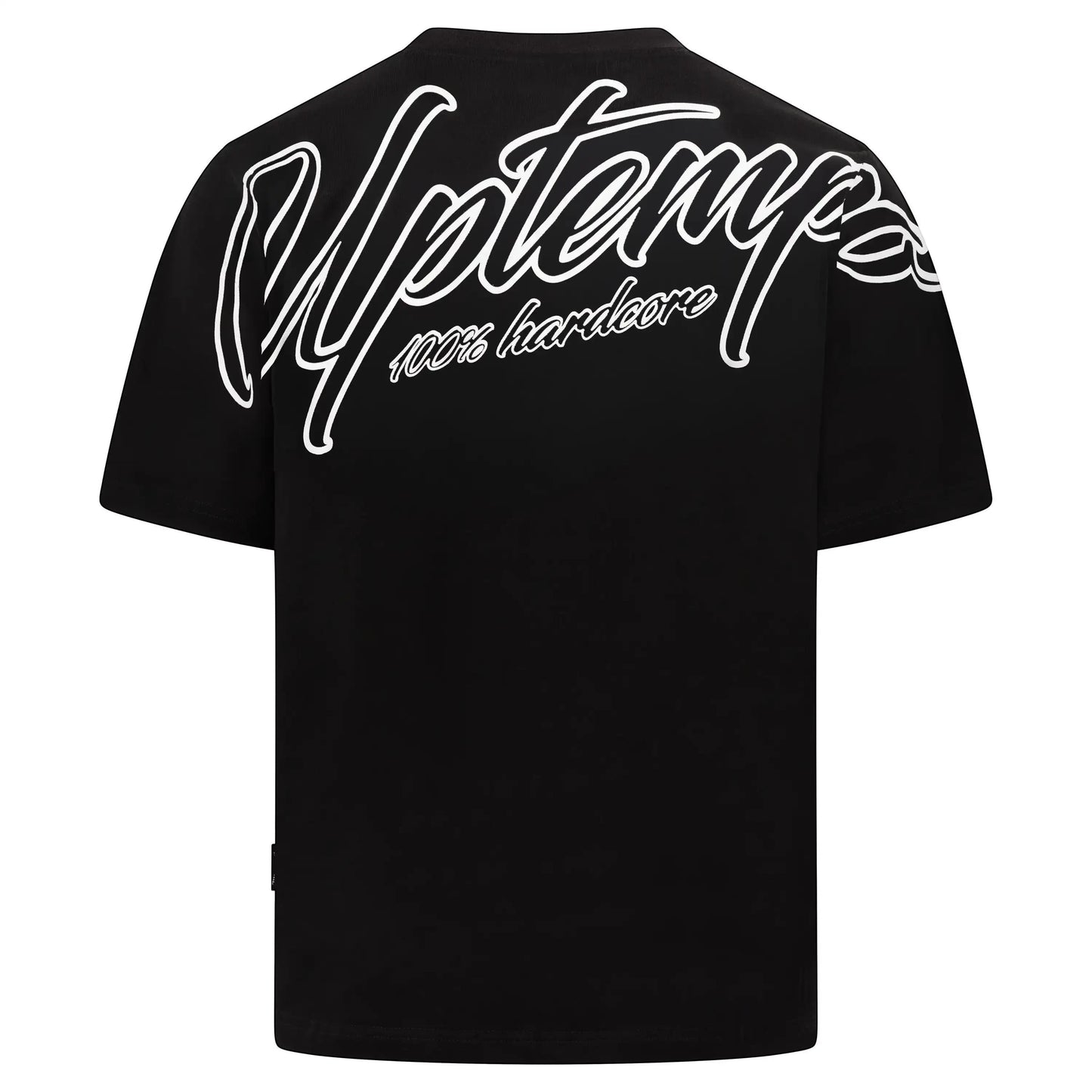 GABBERPLANET black cotton t-shirt with white 'Uptempo 100% hardcore' print on back and chest.