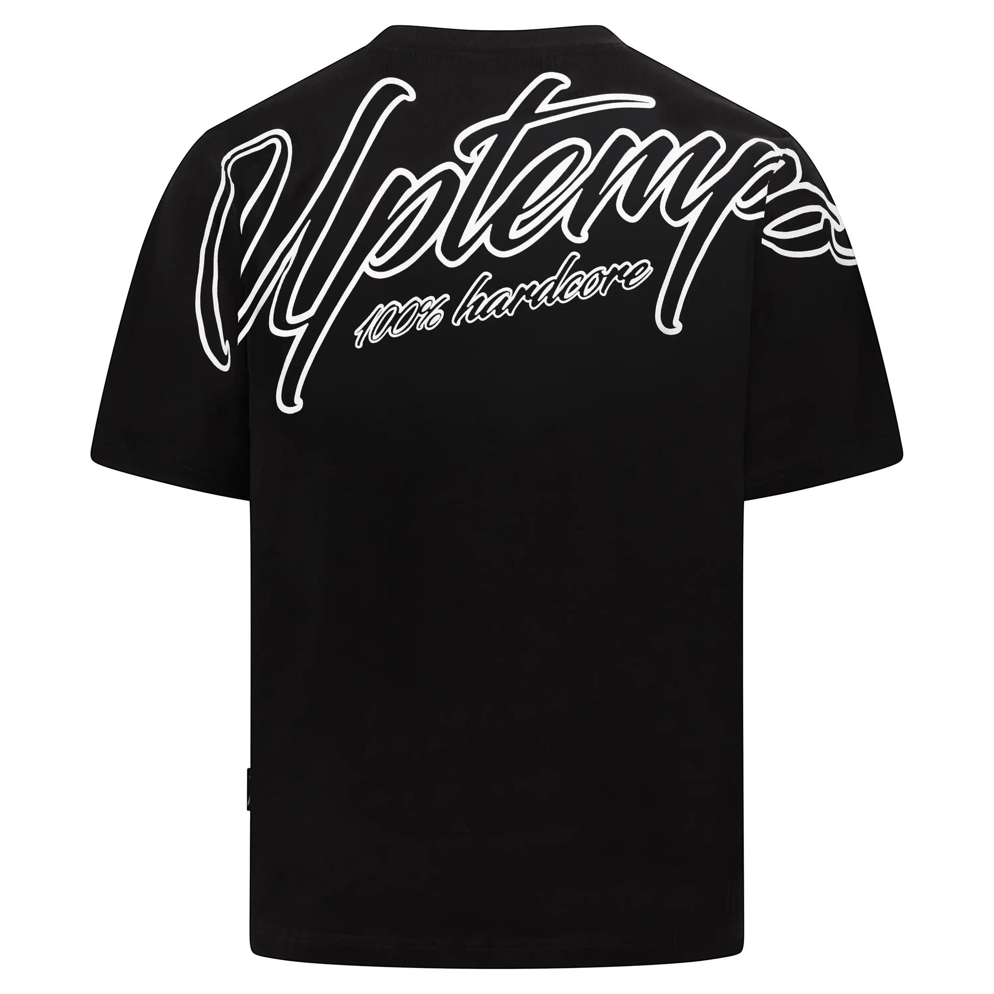 GABBERPLANET black cotton t-shirt with white 'Uptempo 100% hardcore' print on back and chest.