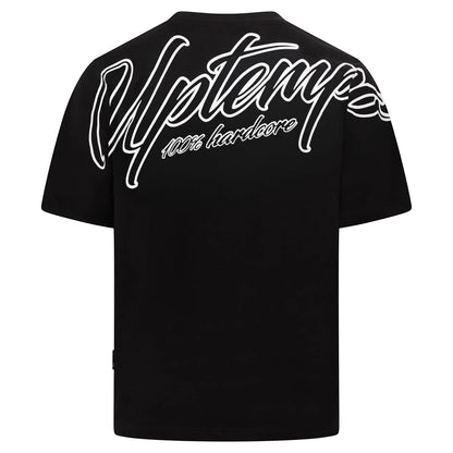 GABBERPLANET black cotton t-shirt with white 'Uptempo 100% hardcore' print on back and chest.