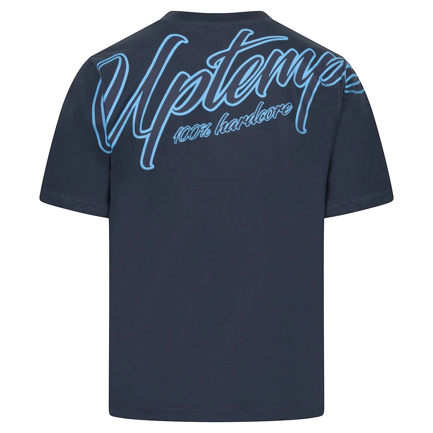 GABBERPLANET dark blue cotton t-shirt with light blue "Uptempo 100% hardcore" print on back and chest.