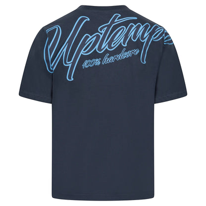 GABBERPLANET dark blue cotton t-shirt with light blue "Uptempo 100% hardcore" print on back and chest.