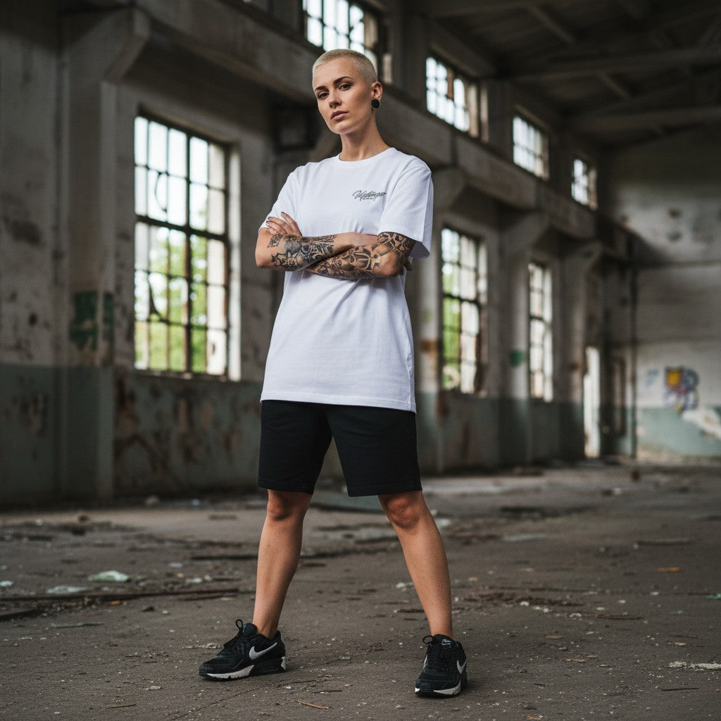 GABBERPLANET white cotton t-shirt with black signature logo print on chest and back, loose fit.