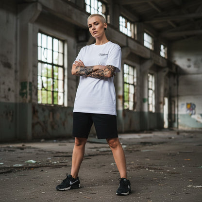 GABBERPLANET white cotton t-shirt with black signature logo print on chest and back, loose fit.