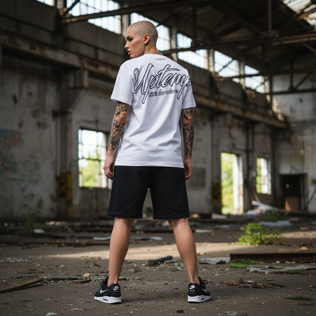 GABBERPLANET white cotton t-shirt with black 'Uptempo 100% hardcore' print on back and chest.