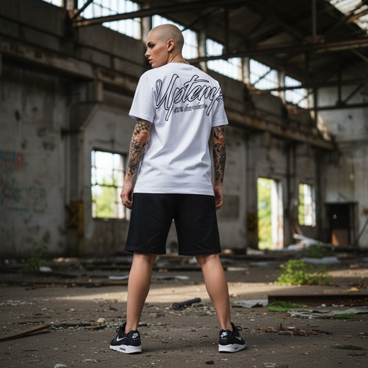 GABBERPLANET white cotton t-shirt with black 'Uptempo 100% hardcore' print on back and chest.