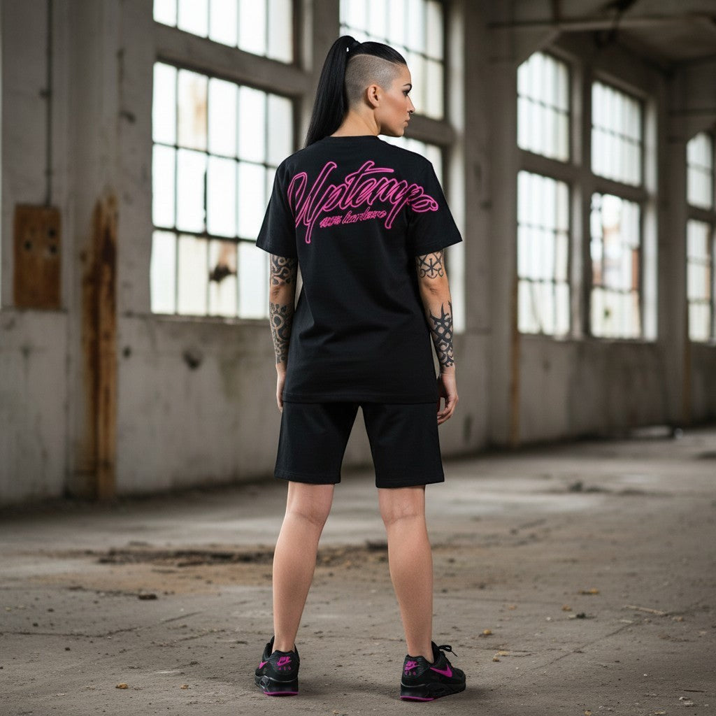 GABBERPLANET black cotton t-shirt with pink Uptempo logo print on back and chest, loose fit.