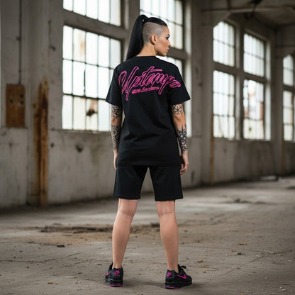 GABBERPLANET black cotton t-shirt with pink Uptempo logo print on back and chest, loose fit.