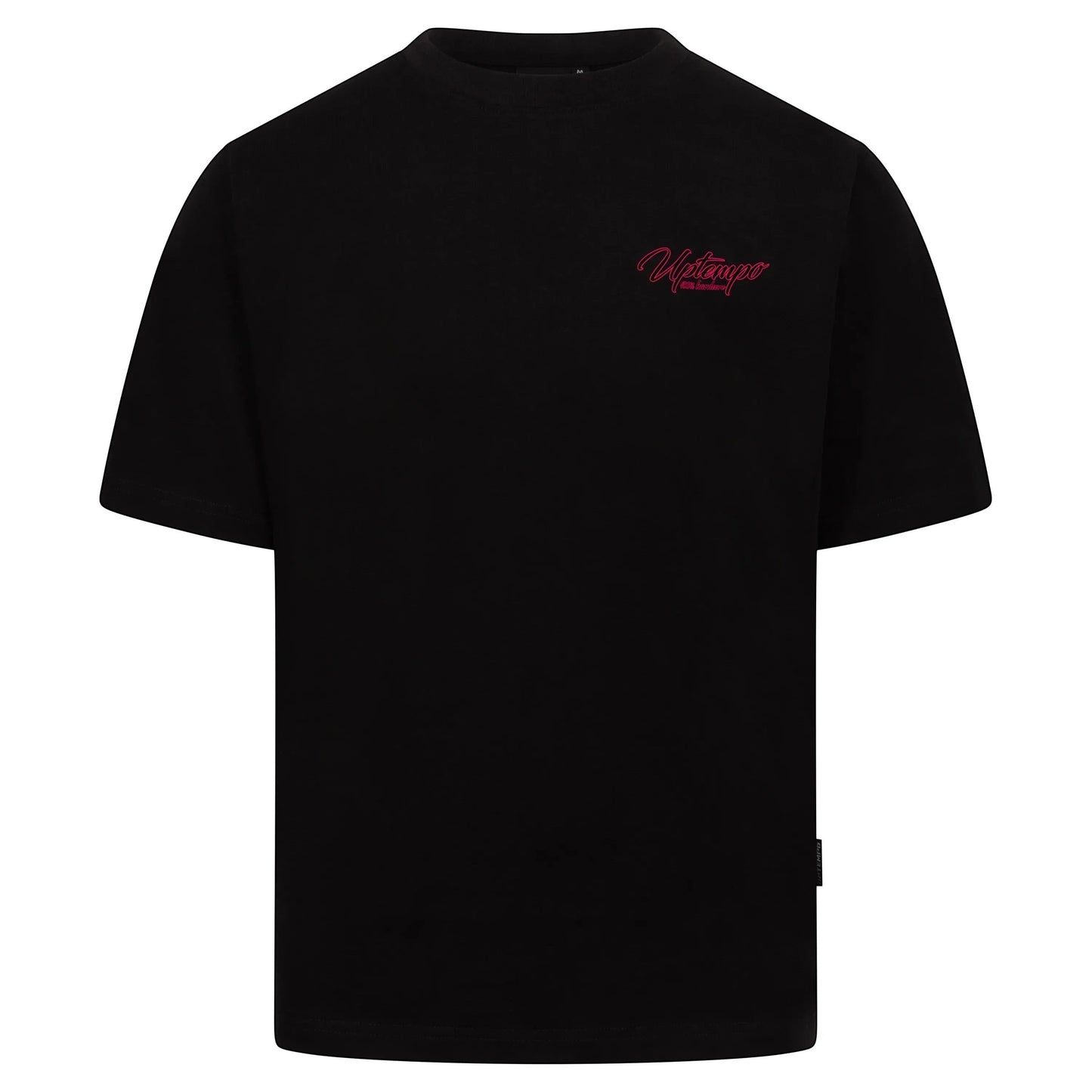 GABBERPLANET black cotton t-shirt with pink Uptempo logo print on chest and back, loose fit.