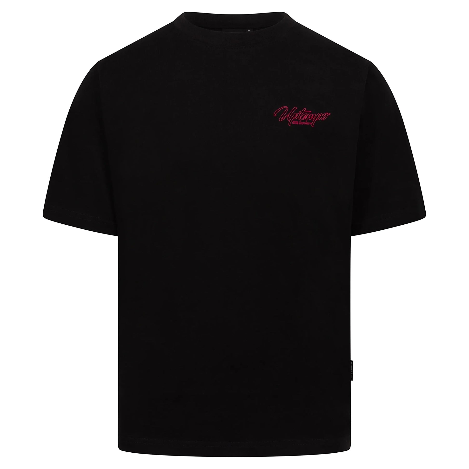 GABBERPLANET black cotton t-shirt with pink Uptempo logo print on chest and back, loose fit.