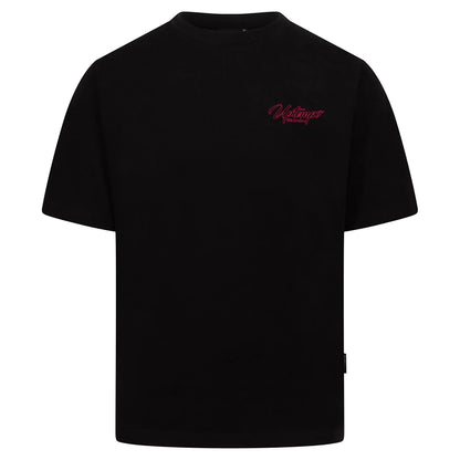 GABBERPLANET black cotton t-shirt with pink Uptempo logo print on chest and back, loose fit.