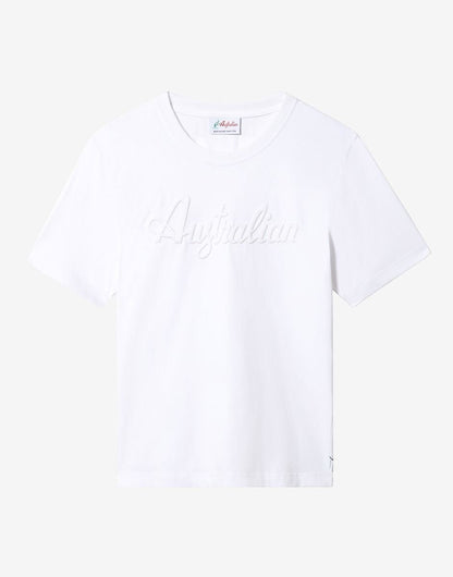 GABBERPLANET white 100% cotton t-shirt with embossed Australian logo on the chest.