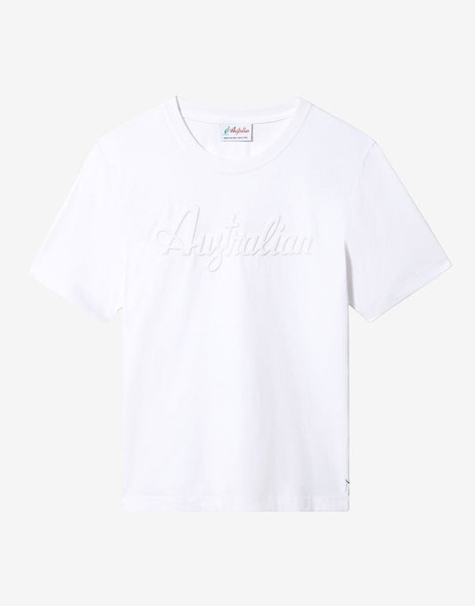 GABBERPLANET white 100% cotton t-shirt with embossed Australian logo on the chest.