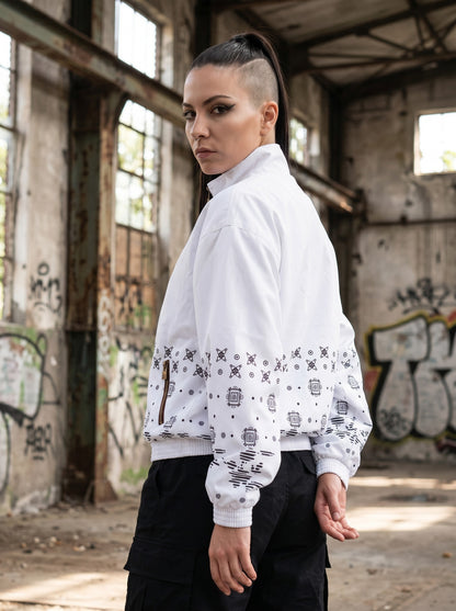 GABBERPLANET white track jacket with black graphic print on sleeves and hem, featuring a kangaroo logo.