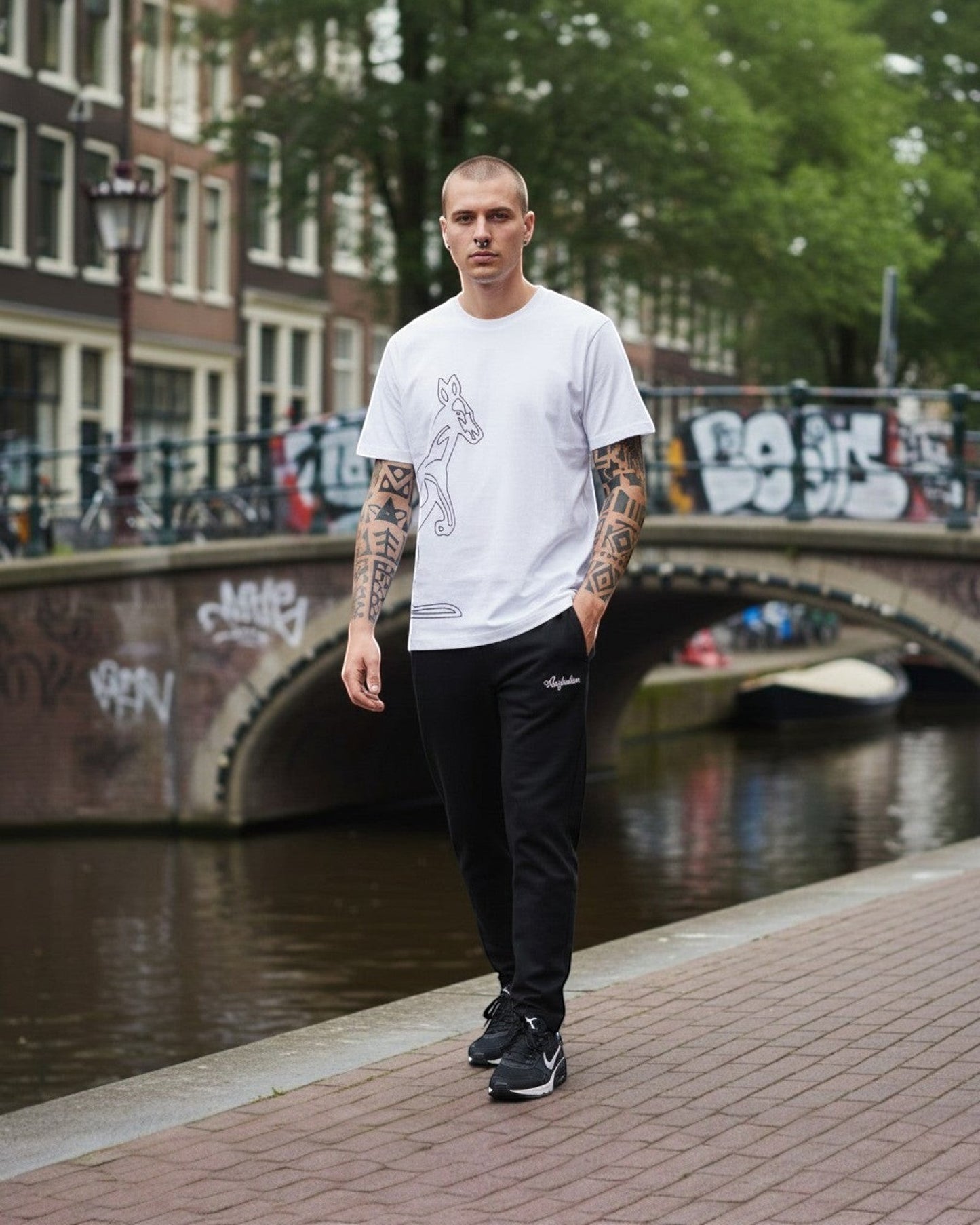 GABBERPLANET white 100% cotton t-shirt with a black outline graphic of a kangaroo on the front.