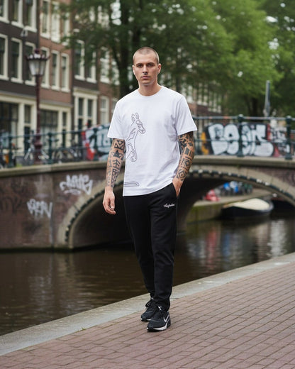 GABBERPLANET white 100% cotton t-shirt with a black outline graphic of a kangaroo on the front.