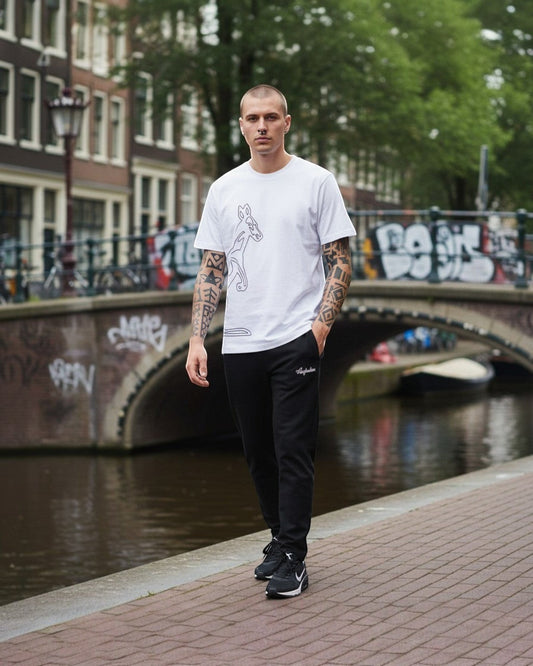 GABBERPLANET white 100% cotton t-shirt with a black outline graphic of a kangaroo on the front.