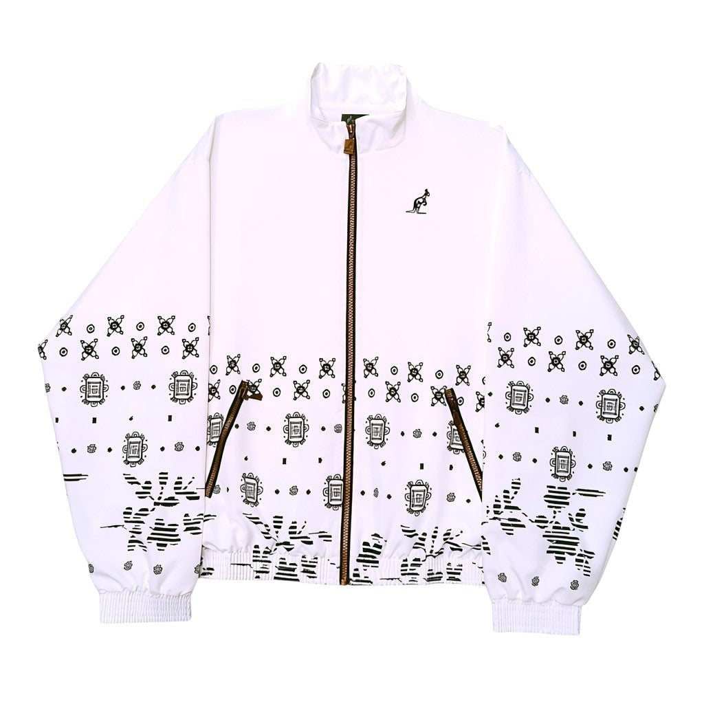 GABBERPLANET white polyester jacket with black bandana print and kangaroo logo
